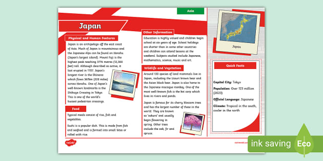 KS2 Japan Fact File - Asia - Geography - KS2 - Twinkl