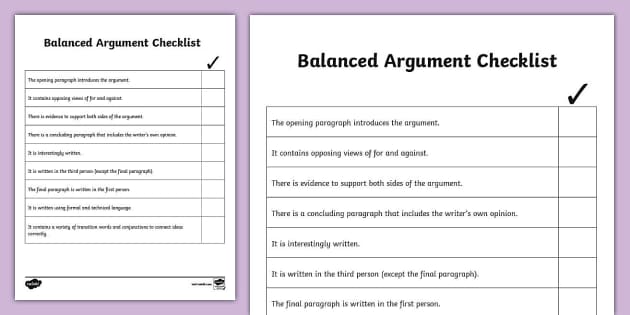 Balanced Argument Checklist for 6th-8th Grade - Twinkl