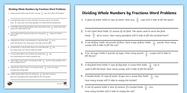 Dividing Whole Numbers By Fractions Word Problems Activity