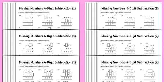 subtraction 4 digit missing numbers differentiated worksheet worksheet pack