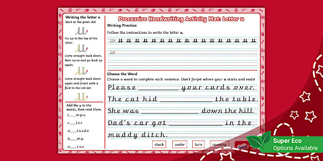 Precursive Handwriting Activity Mat: Letter u - Twinkl