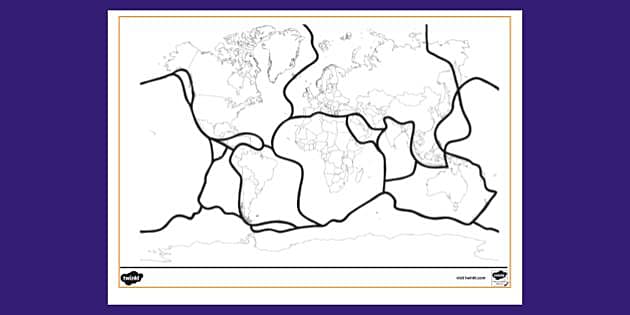 World Map With Tectonic Plates Colouring Sheet - Twinkl