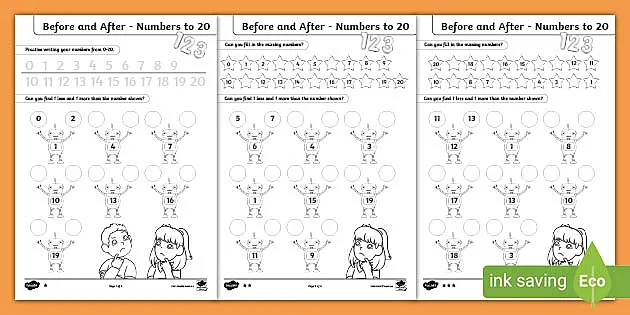 before and after numbers to 20 differentiated worksheets