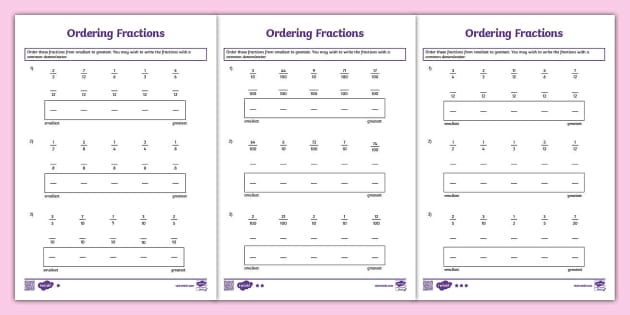 Year 5 Fractions Worksheet – Ordering Fractions - Twinkl