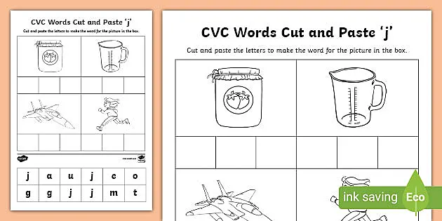 j cvc words cut and paste worksheet phase 3 phonics