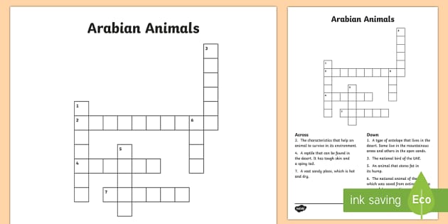 Arabian Animals Crossword (teacher made) Twinkl