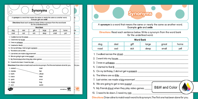 Determine the Meaning of Words Using Synonyms in Context #2, Worksheet, Education.com