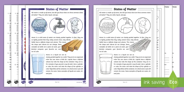 fifth grade states of matter reading comprehension activity
