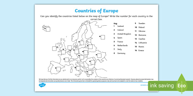 Locating Countries of Europe Map Worksheet