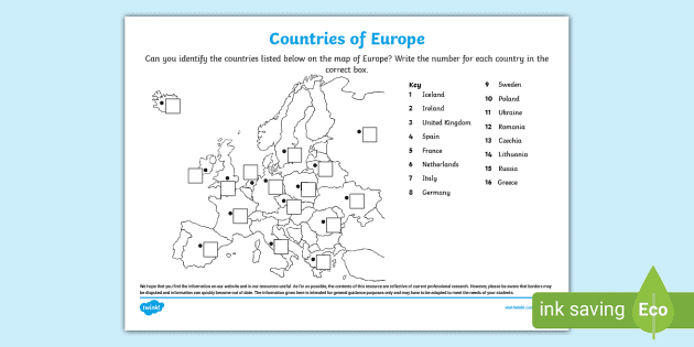 Locating Countries of Europe Map Worksheet (teacher made)