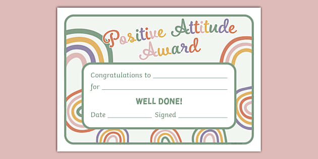 * NEW * Muted Rainbow Themed Positive Attitude Award Certificate