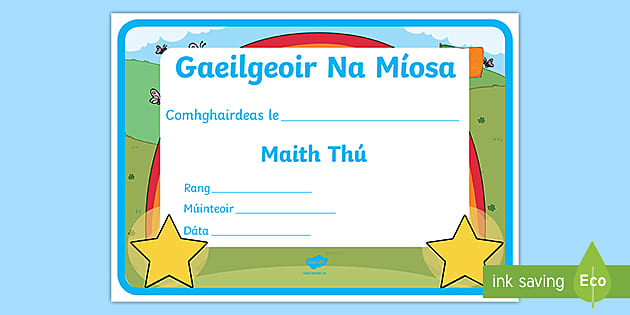 Gaeilgeoir na Mīosa Award Certificate Gaeilge - Twinkl