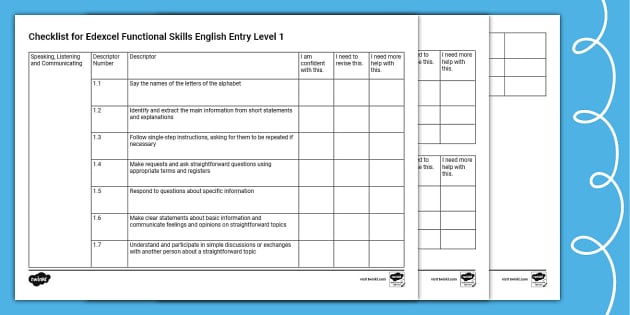English Functional Skills Entry Level 1 Checklist - Twinkl