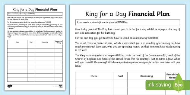 King for a Day Financial Plan Worksheet / Worksheet