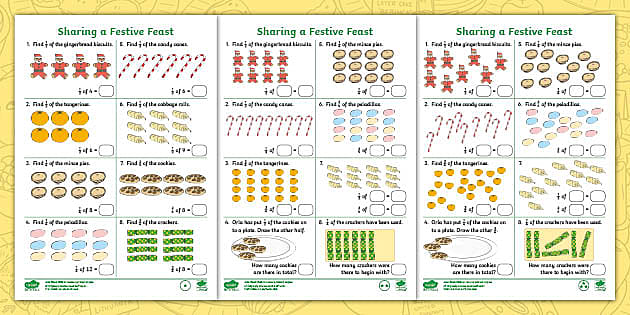 fractions of amounts year 2 differentiated worksheets