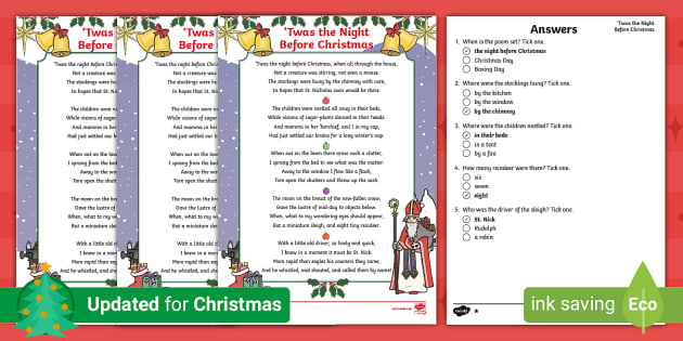 Lời bài thơ Twas the Night Before Christmas sẽ giúp cho bạn cảm nhận được tình yêu và sự trong sáng của mùa giáng sinh năm nay. Hình ảnh sẽ giải đáp các câu hỏi và đáp án trong bài thơ, giúp bạn hiểu thêm về lịch sử và những thông điệp ý nghĩa của bài thơ.