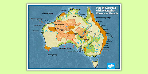 Map Of Australia With Mountains Rivers And Deserts Twinkl