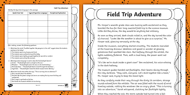 Seventh Gr Figurative Lang Close Read Field Trip Short Story