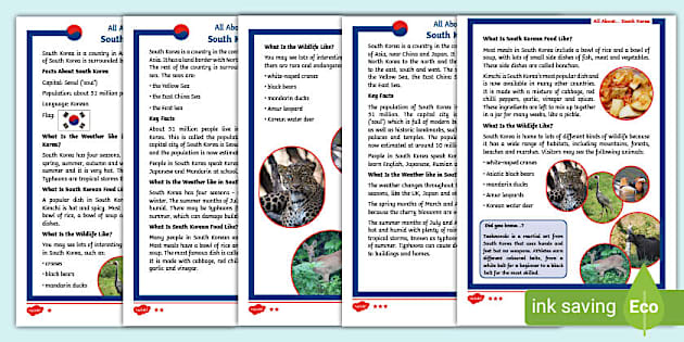 KS1 South Korea Differentiated Reading Comprehension