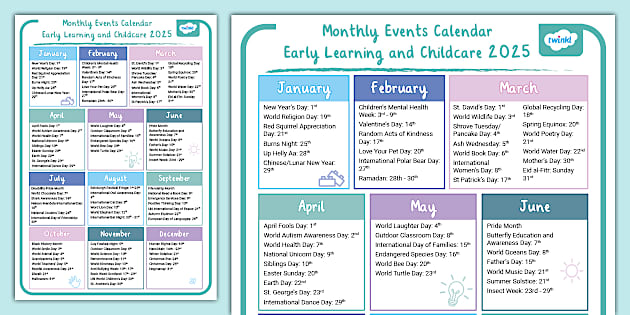 Monthly Events Calendar Early Learning and Childcare 2025