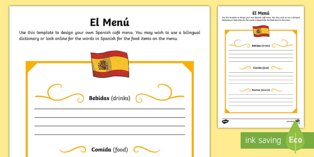 FREE Spanish Menu Project Template Spanish Role Play Menu