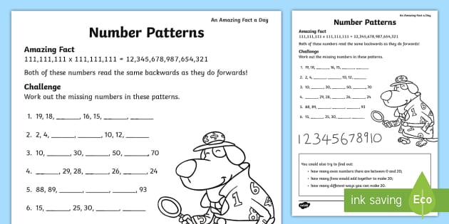 number patterns worksheet activity sheet july amazing fact