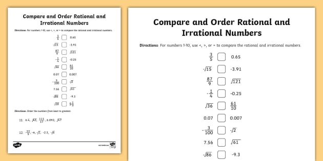 Eighth Grade Compare and Order Rational and Irrational Numbers Activity