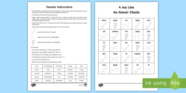 4 in a Row Irish Past Tense Irregular Verbs Game