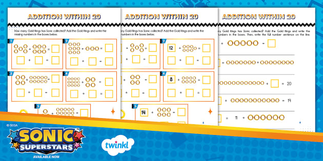 FREE! - Sonic: Addition Within 20 Math Worksheet - Twinkl