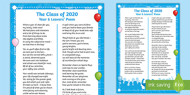 The Class Of 2020 Year 6 Leavers Poem Teacher Made