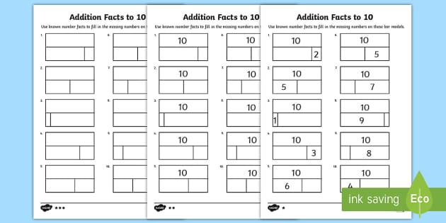 Addition facts to 10 Worksheets (teacher made) Twinkl