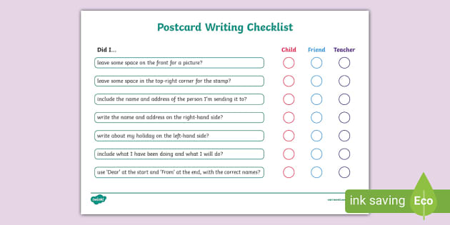 Postcard Writing Checklist - KS1 - Writing - English