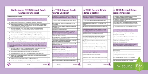 Mathematics Teks Second Grade Standards Checklist