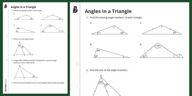 Angles in a Triangle Worksheet, KS3/KS4 Maths