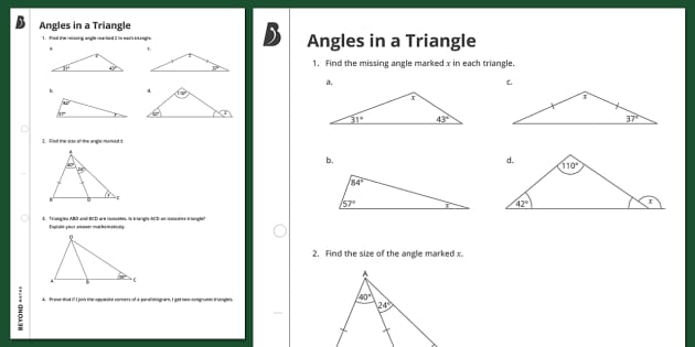 Angles in a Triangle Worksheet - Maths Resource - Twinkl