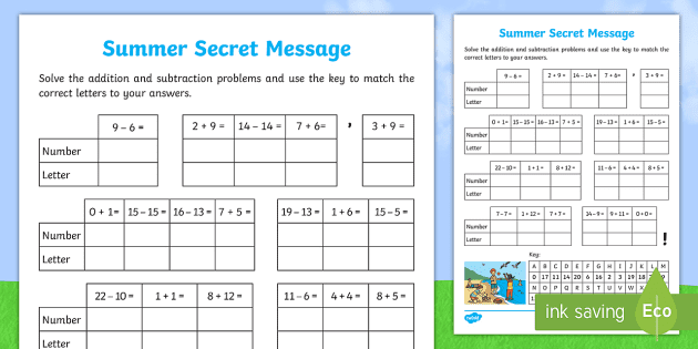 addition and subtraction summer secret message worksheet worksheet