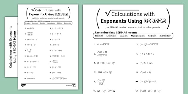 Calculations with Exponents Using BEDMAS Activity Sheet