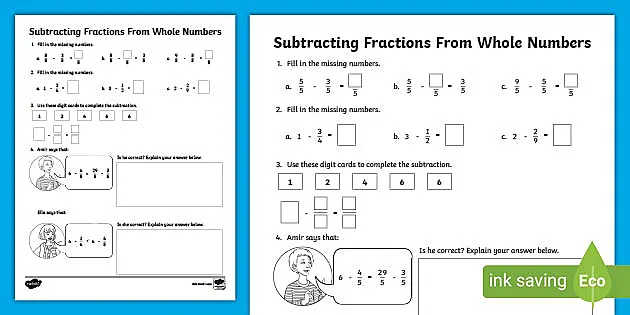 how to subtract fractions from whole numbers sheet twinkl