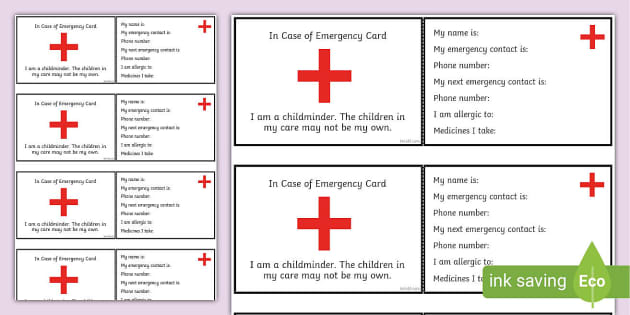 Childminder In Case of Emergency Information Cards - Twinkl