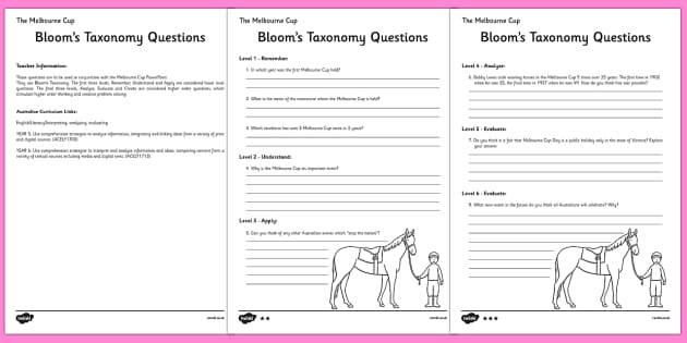 The Melbourne Cup - Bloom's Taxonomy Worksheet - Comprehension The Melbourne Cup - Bloom's Taxonomy Worksheet - Comprehension