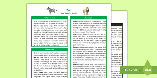 Zoo Fact Sheet for Adults | EYFS | Early Years | KS - Twinkl