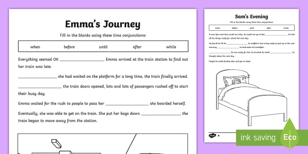 KS2 Time Conjunctions Cloze Differentiated Worksheet Activity