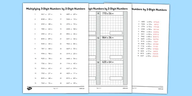 multiplying 3 digit numbers by 2 digit numbers worksheet worksheet