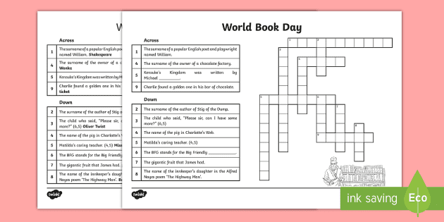 World Book Day Crossword Easy To Print Twinkl