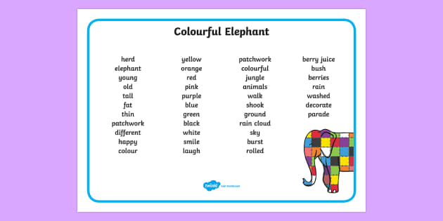 Colourful Elephant Word Mat (Text) (teacher made) - Twinkl