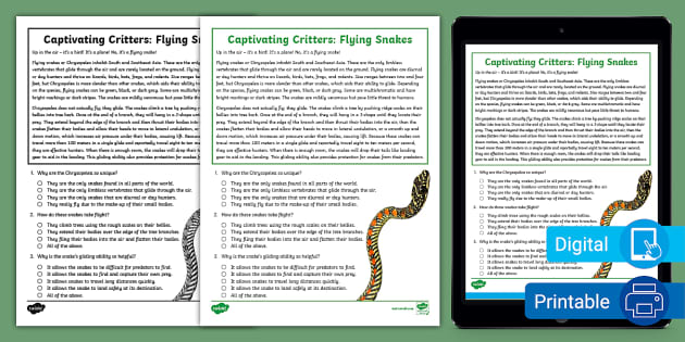 Eighth Grade Captivating Critters- Flying Snakes Reading Passage ...