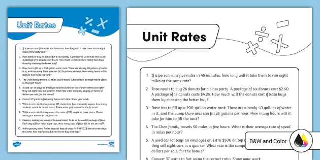 Find Unit Rates Worksheets [PDF] (7.RP.A.1): 7th Grade Math