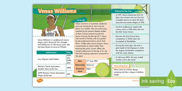 Venus Williams Fact File - Twinkl - Ks2 (Teacher-Made)