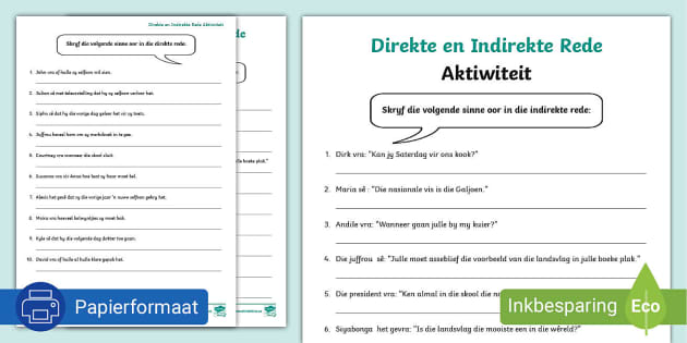 Direkte En Indirekte Rede Werkkaart - Seniorfase - Twinkl