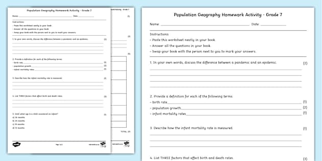 Population Geography Homework Activity - Grade 7 - Twinkl